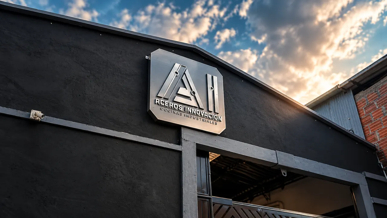 Aviso en acero de Aceros Innovación sobre la fachada al atardecer