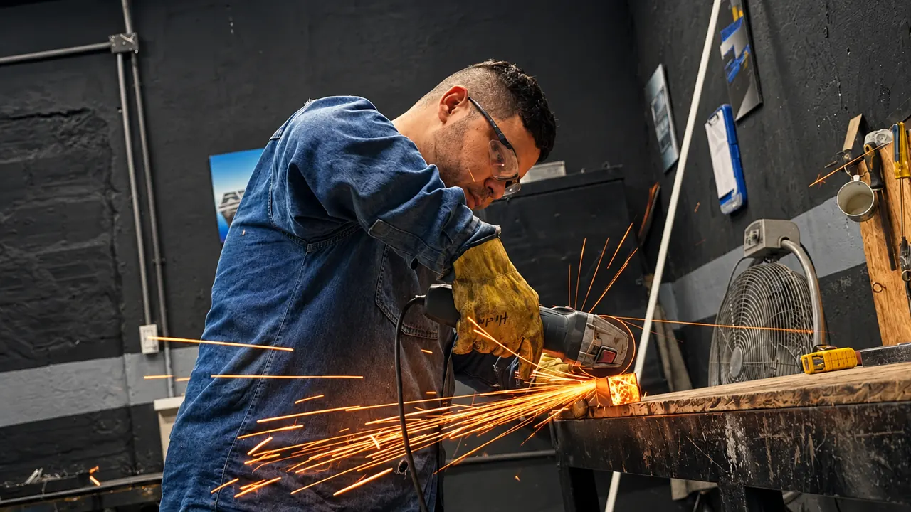 Técnico con gafas de protección dando acabado a una pieza